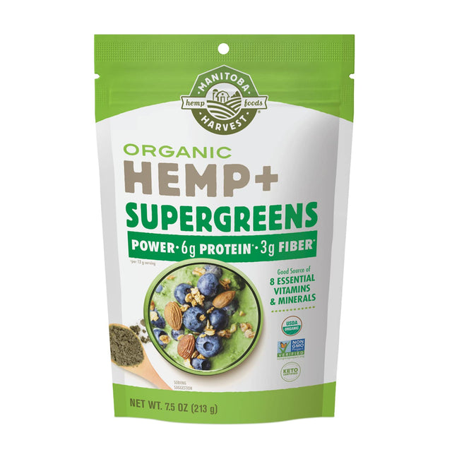 Manitoba Harvest Organic Hemp & Supergreens Powder, 7.5 Oz – Green Superfood Powder with 6G of Protein, 3G of Fiber per Serving – Vegan, Non-Gmo Project Verified - 8 Essential Vitamins & Minerals