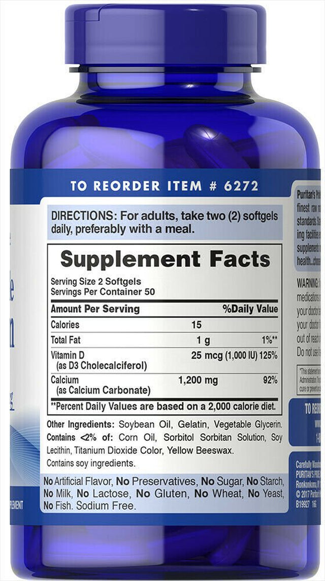 Puritan'S Pride 1200Mg Absorbable Calcium + 1000IU Vitamin D, 100 Softgels