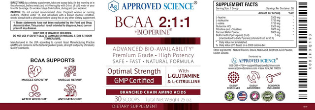 Approved Science® BCAA Powder - 2:1:1 BCAA Ratio - 3500 Mg L-Leucine - Fruit Punch Flavor - 25 Ounce - 30 Servings - Workout Boost, Endurance, Prevent Burnout - Bioperine - Vegan Friendly - 1 Tub