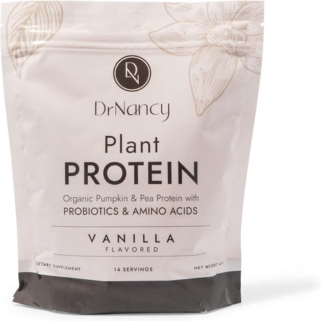 Plant Protein Vanilla by Dr. Nancy MD (14 Servings, 33.3G), 20G Pea and Pumpkin Protein, with Added L-Glutamine & Probiotics