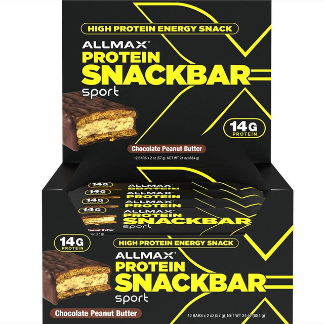 ALLMAX SPORT PROTEIN SNACKBAR, Chocolate Peanut Butter - Pack of 12 - High-Protein Energy Snack - 14 G of Protein per Bar - with Whey Protein Isolate