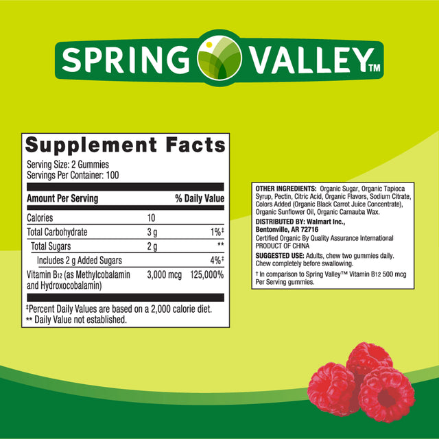 Spring Valley Non GMO Vitamin B12 Vegetarian Gummies, Raspberry, 3000 Mcg, 200 Count Value Size