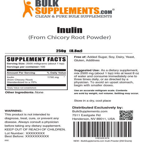 Bulksupplements.Com Inulin Powder Fiber Supplement - Prebiotic Powder - Keto Fiber - Fiber Powder Unflavored (250 Grams - 8.8 Oz)