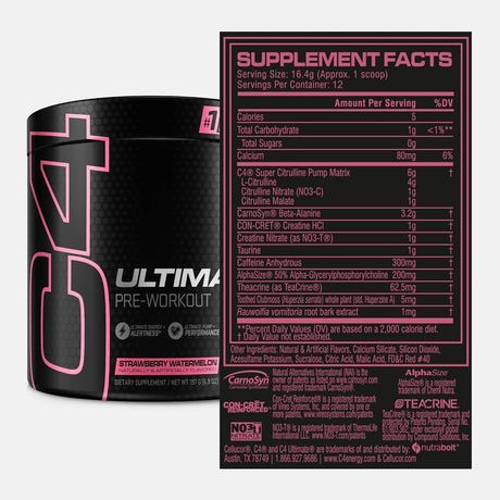 Cellucor C4 Ultimate Pre Workout Powder Strawberry Watermelon Sugar Free Preworkout Energy Supplement for Men & Women 300Mg Caffeine,3.2G Beta Alanine ,2 Patented Creatines 12 Servings