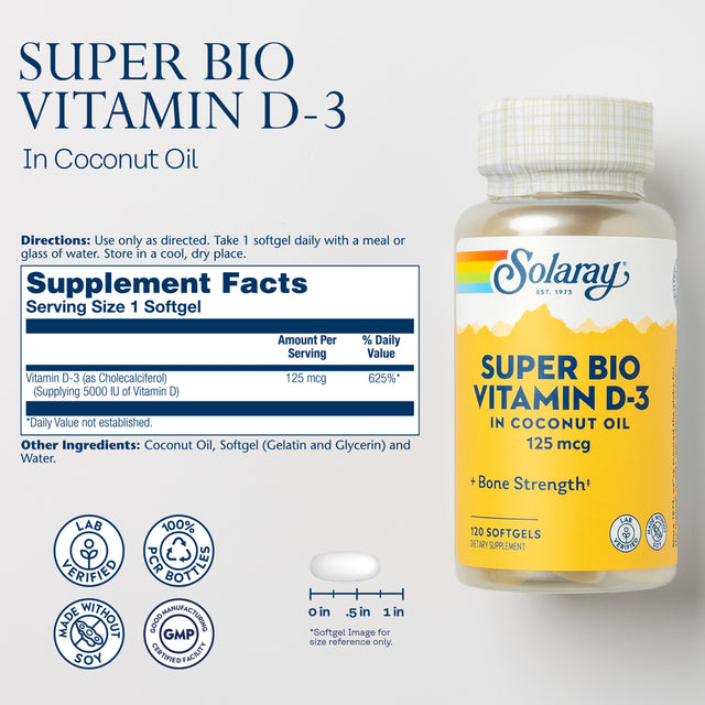 Solaray Super Bio Vitamin D-3 in Coconut Oil, Healthy Bone Strength & Immune Support, No Soy, 120 Softgels