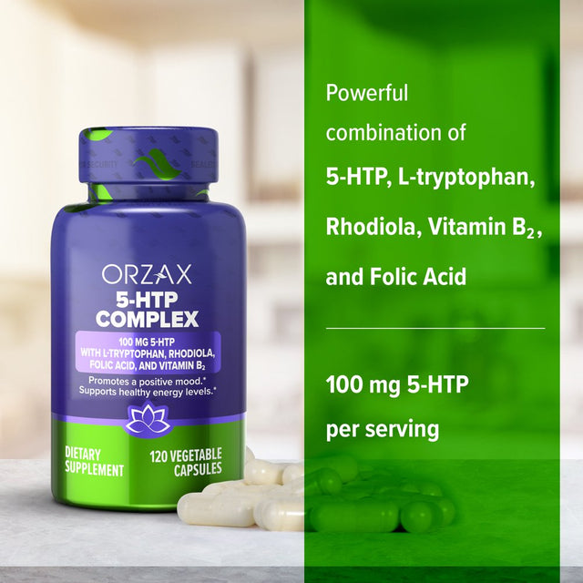 ORZAX 5-HTP with L-Tryptophan & Rhodiola, Support Mood & Stress Management, 120 Vegetable Capsules