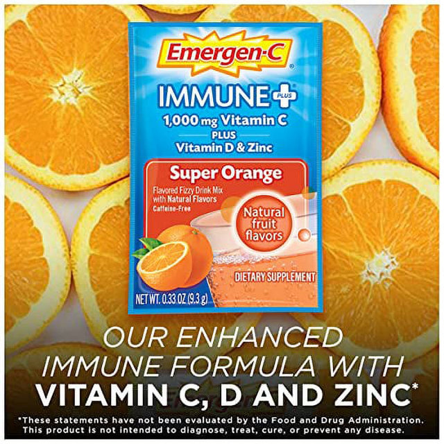 Emergen-C Immune+ 1000Mg Vitamin C Powder, with Vitamin D, Zinc, Antioxidants and Electrolytes for Immunity, Immune Support Dietary Supplement, Super Orange Flavor - 30 Count/1 Month Supply