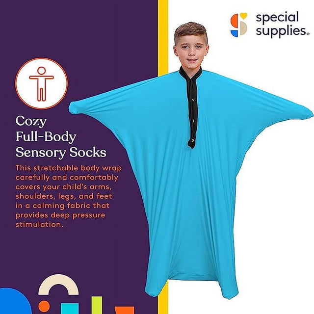 Special Supplies Blue Sensory Body Sock Full-Body Wrap to Relieve Stress, Stretchy, Breathable Cozy Sensory Sack for Boys, Girls, Safe, Comfortable, Calming Relief Cocoon (Medium 47"X27")