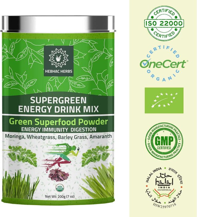 Organic Super Green Energy Drink Mix 200G (7 Oz) Moringa Powder, Wheat Grass Powder, Barley Grass Powder, Amaranth Powder, Greens Superfood Detox Powder, Natural Energy Drink Mix 200G