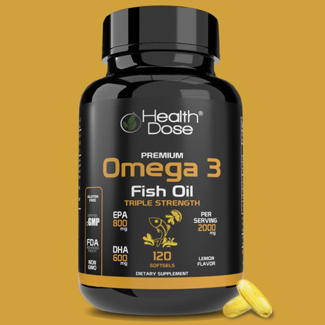 Omega 3 Fish Oil Lemon Flavor Premium by Health Dose, 120 Softgels 2 Month, 2000Mg Triple Strength with EPA + DHA, Immune Support, Heart, Brain, Joints & Skin, No More Fish Burps, Gluten-Free, Non-Gmo