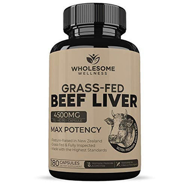 Grass Fed Desiccated Beef Liver Capsules (180 Pills, 750Mg Each) - Natural Iron, Vitamin A, B12 for Energy - Humanely Pasture Raised Undefatted in New Zealand without Hormones or Chemicals