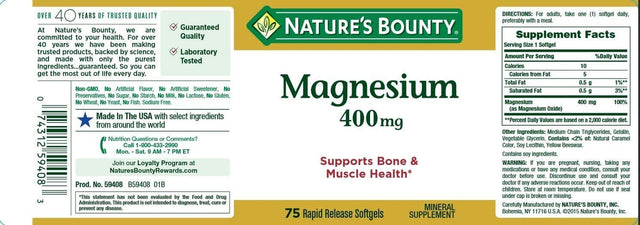 Nature'S Bounty Magnesium Rapid Release Softgels, 400 Mg, 75 Ct