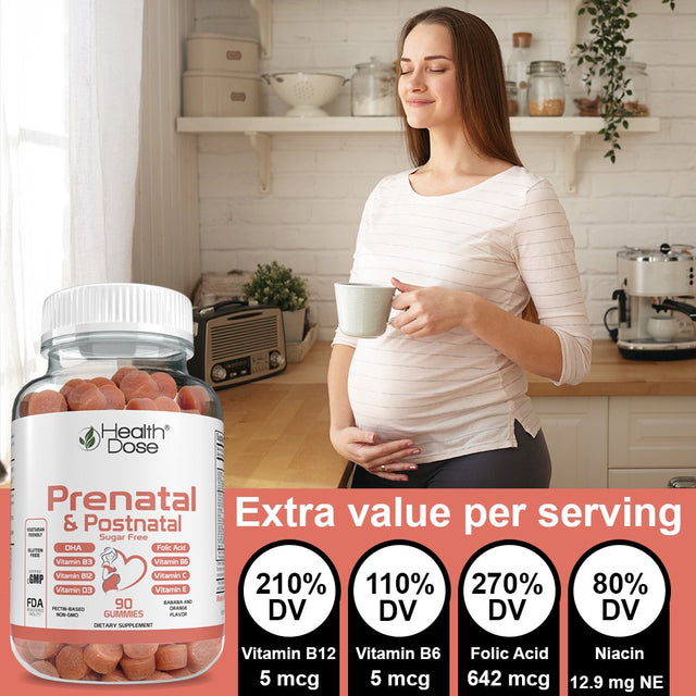 Health Dose Prenatal & Postnatal Vitamins for Pregnant and Lactating Women. DHA & Folic Acid, Gluten & Sugar-Free Vitamin B6, B12, C + Zinc for Immunity. Pregnancy & Post Pregnancy Support. 90 Gummies