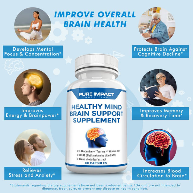 L Glutamine Capsules Brain Supplement | Memory Pills for Brain | Brain Booster Supplement for Focus Memory Clarity Energy | Vitamin B12 Supplement by Pure Impact Nutrition