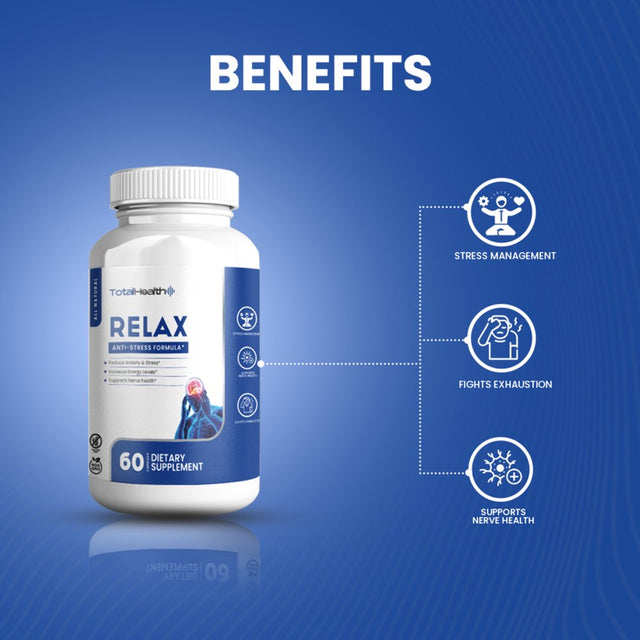 Total Health Relax anti Stress Formula Supplements | Supports Relaxation and Nerve Health | Stress Relief and Calming Pills | Non-Gmo, Gluten Free and Sugar Free - 60 Vegan Capsules