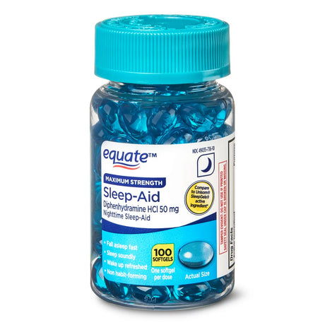 Equate Maximum Strength Diphenhydramine Hcl Sleep Support Softgels, 50 Mg, 100 Count