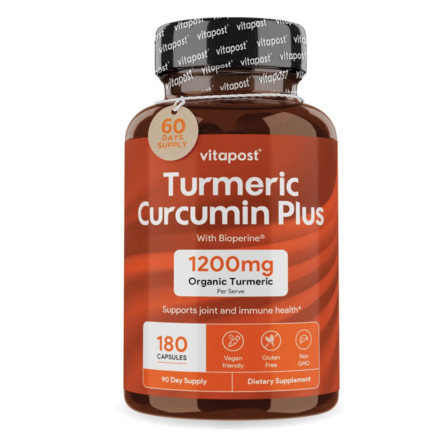 Vitapost Turmeric Curcumin plus Supplement for Joint, Muscle, Immune System Support - 180 Capsules