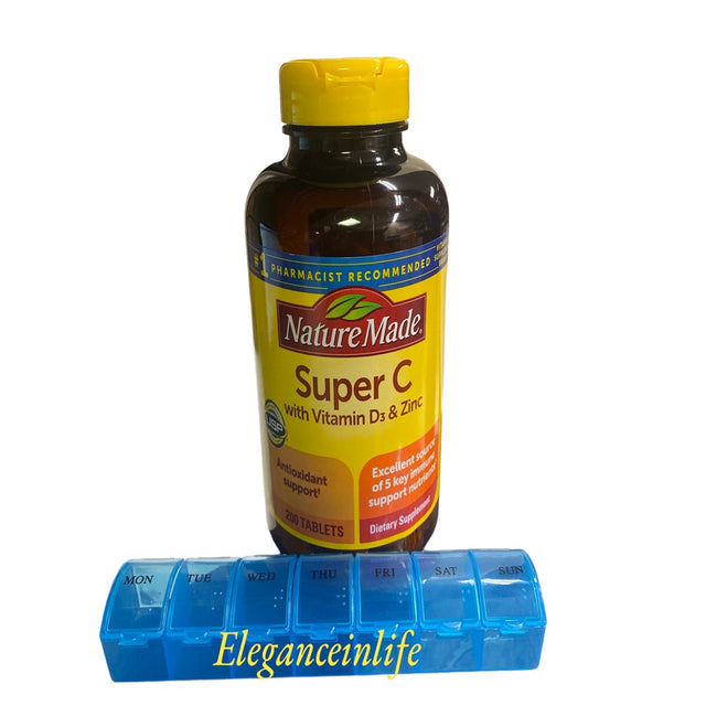 Super C with Vitamin D3 & Zinc Antioxidant Support 200 Tablets with 1 Multicolor Eleganceinlife Weekly Pill Planner