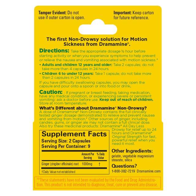 Dramamine Non-Drowsy, Motion Sickness Relief, Made with Natural Ginger, 18 Count, 2 Pack