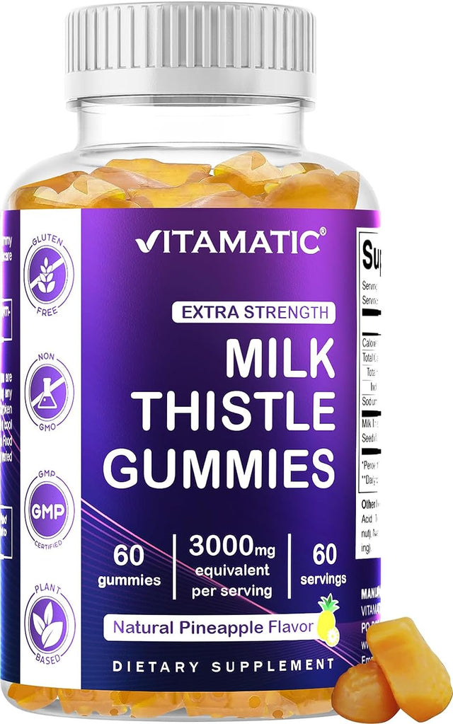 Vitamatic Milk Thistle Gummies - 3000 Mg Equivalent - Liver Detox & anti Oxidant Health - Min. 80% Silymarin Flavonoids - 60 Pectin Based Gummies