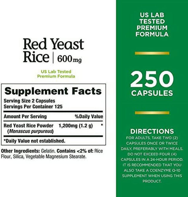 Nature’S Bounty Red Yeast Rice, Herbal Supplement, 600 Mg, 250 Capsules 250 Count (Pack of 1)