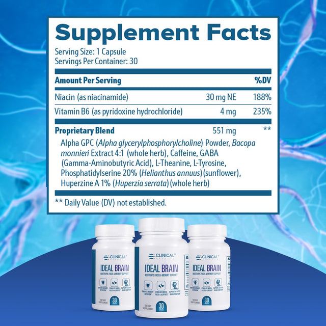 Clinical Effects Ideal Brain - Dietary Supplement for Nootropic Focus and Memory Support - 30 Capsules - B Vitamins, GABA, Alpha-Gpc - Helps Support Mental Focus, and Optimal Brain Function