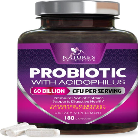 Probiotics, 60 Billion CFU per Serving, Probiotic with Prebiotics for Digestive & Immune Health Support for Women & Men - Nature'S Supplement Is Shelf Stable, Soy, Dairy & Gluten Free - 180 Capsules