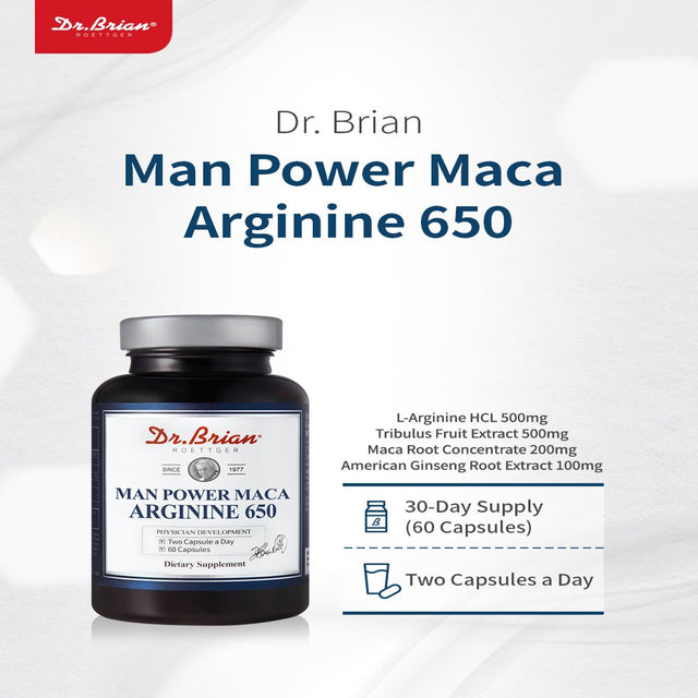 Dr. Brian ROETTGER Man Power Maca Arginine 650 60 Capsules, L-Arginine, Ginseng Root, Maca Root, Supplement for Helping Maintain Precursor of Nitric Oxide, Healthy Blood Vessel Tone, Activity for Men…