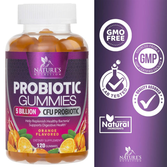 Nature'S Nutrition Probiotics for Women & Men Gummy, Extra Strength 5 Billion CFU, Lactobacillus Acidophilus Daily Probiotic Supplement, Supports Immune & Digestive Health, Orange Flavor, 120 Gummies