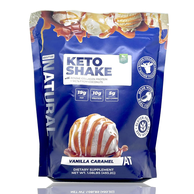 About Time Keto Shake with Bovine Collagen Protein + Mcts from Coconuts - 19G Fat, 10G Protein, 5G Net Carbs - Vanilla Caramel, 1Lb