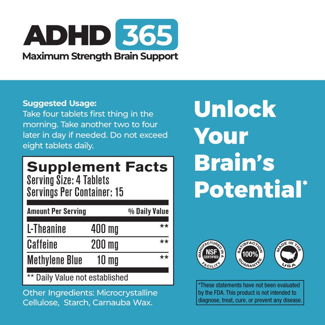 Best 365 Labs Maximum Strength Brain Support - Methylene Blue, Caffeine, and L-Theanine - Improve Focus and Memory - Unlock Your Brain’S Potential - 60 Tablets