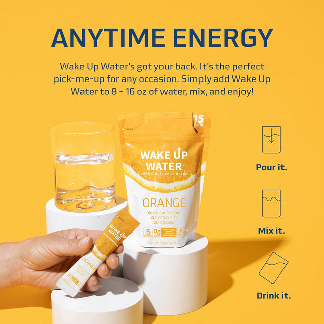 Wake up Water Energy + Hydration Mix – Energy + Hydration Powder Packets with Natural Caffeine, Electrolytes, B Vitamins | No Sugar | Daily Fuel with No Crash or Jitters | (Orange)