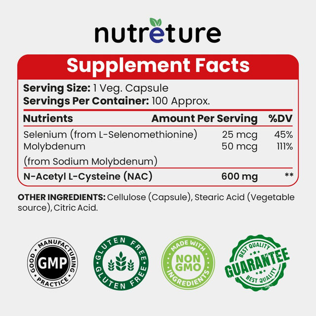 NUTRETURE Nac Supplement N-Acetyl Cysteine Liver Supplement with Selenium & Molybdenum for Liver Health | N-Acetyl Cysteine 600 Mg 100 Capsules