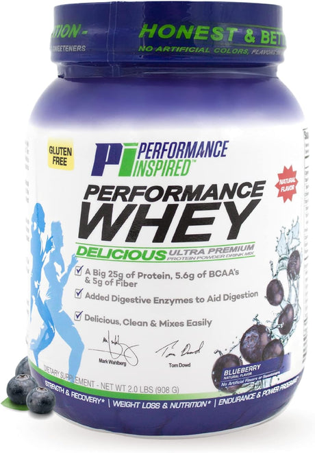 PERFORMANCE INSPIRED Nutrition - Performance Whey Protein Powder - All Natural - 25G - Contains Bcaas - Digestive Enzymes - Fiber Packed - Gluten Free – Blueberry – 2Lb