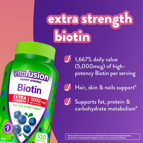 Vitafusion Extra Strength Biotin Gummy Vitamins, Blueberry Flavored Biotin Vitamins for Hair, Skin and Nails, 100 Count