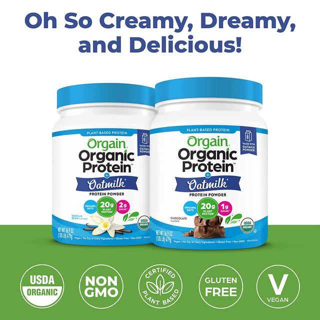 Orgain Organic Vegan Protein Powder + Oat Milk, Vanilla Bean - 20G Plant Based Protein, Gluten Free, Soy Free, Low Sugar, Non GMO, Kosher - 1.05Lb