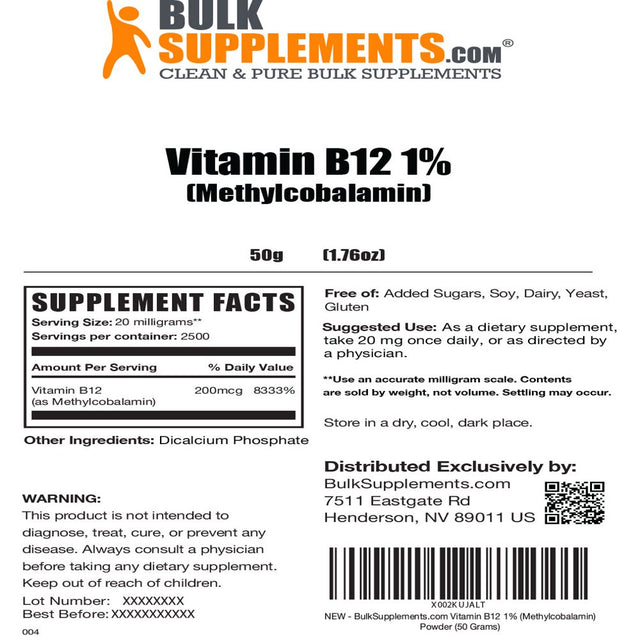 Bulksupplements.Com Vitamin B12 1% Methylcobalamin - Vegan Vitamin B12 - Energy Vitamins - B12 Vitamins - Vegan B12 - B12 Supplement (500 Grams)