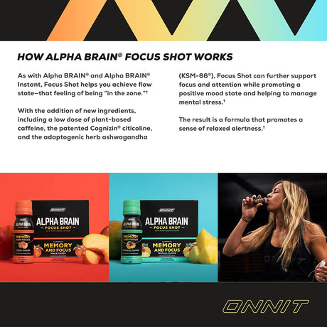 Onnit Alpha BRAIN Focus Energy Shot Supplement - Energy, Focus, Mood, Stress, Brain Booster Drink - Peach (2.5 Fl Oz, 6 Ct)