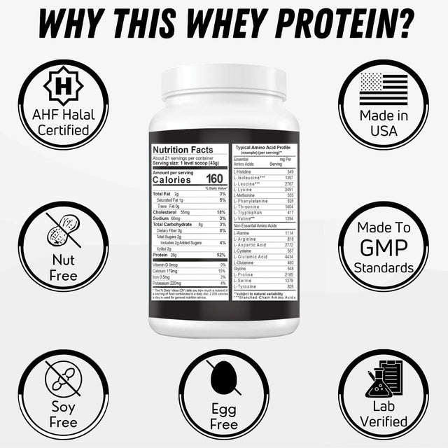 Delicious Creamy Vanilla Halal Whey Protein Powder 2Lbs | 26G Protein, 5500Mg Bcaas, and 460Mg Glutamine | for Recovery & Lean Muscles | Gluten-Free | Non-Gmo | Keto-Friendly