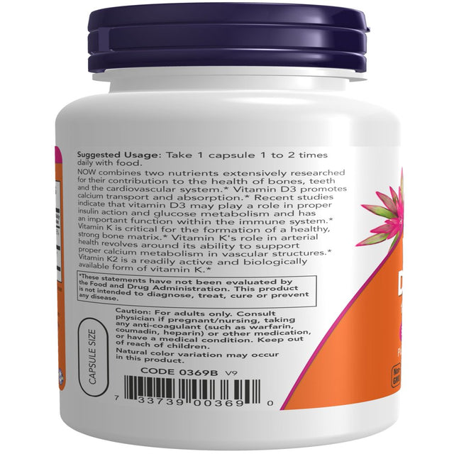 NOW Supplements, Vitamin D-3 & K-2, 1,000 IU/45 Mcg, plus Cardiovascular Support, Supports Bone Health, 120 Veg Capsules