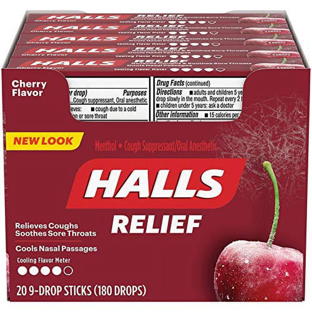 Halls Cherry Cough Drops - with Menthol - 180 Drops (20 Sticks of 9 Drops)