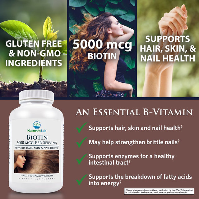 Nature'S Lab Biotin 5000 Mcg - 120 Capsules (4 Month Supply) - Promotes Healthy Hair, Skin & Nails