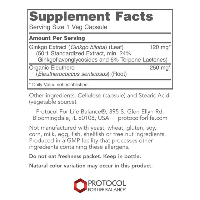 Protocol Ginkgo Biloba with Eleuthero Herbal Supplements - Circulation, Brain Support - 100 Veg Caps