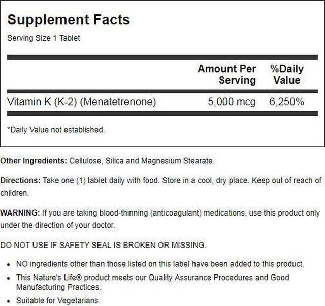 Nature'S Life Vitamin K2 5000Mcg | High Potency MK4 Formula Helps Support Bone & Cardiovascular Health | Non-Gmo | 60 Vegetarian Tablets