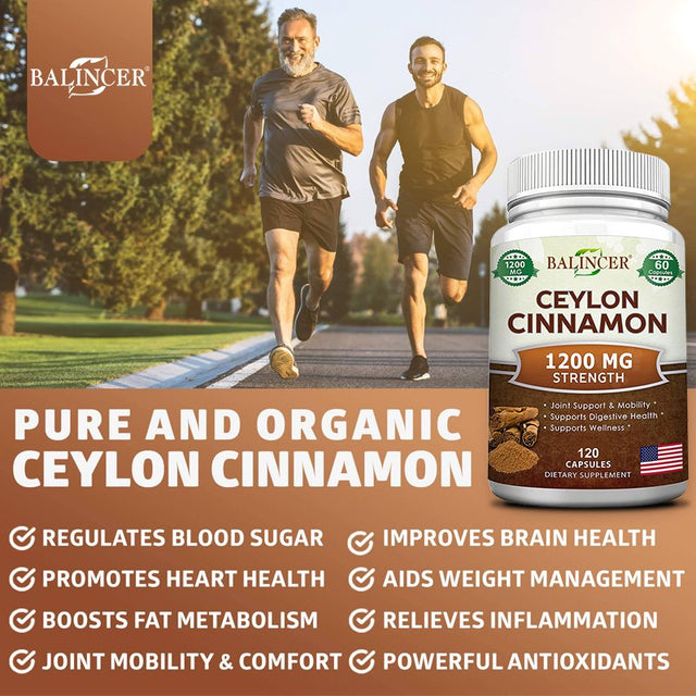 Balincer Natural Ceylon Cinnamon 1200Mg - 60/120 Capsules, True Cinnamon from Sri Lanka, Extract Supplement Pills Promotes Heart Health-120Capsules