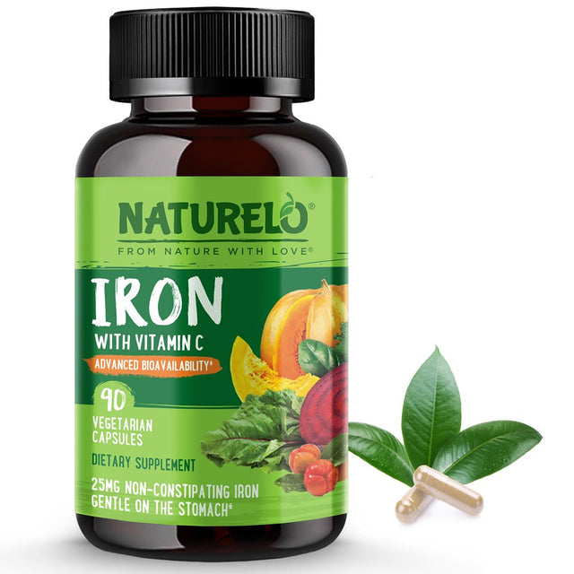 NATURELO Vegan Iron Supplement with Vitamin C and Organic Whole Foods - Gentle Iron Pills for Women & Men W/ Iron Deficiency Including Pregnancy, Anemia and Vegan Diets - 90 Mini Capsules