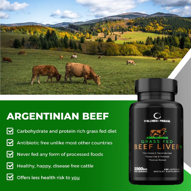 Wellness Primal Beef Liver plus Supplement (Desiccated) Grass Fed , Argentinian Raised Cattle Natural Iron, Vitamin A, B12 for Energy (180 Capsules) (2 Bottle)