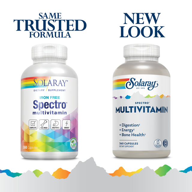 Solaray Spectro Multivitamin, W/ No Iron | Cal/Mag, Energizing Greens & Herbs W/ Digestive Enzymes | 42 Serv | 360 Caps