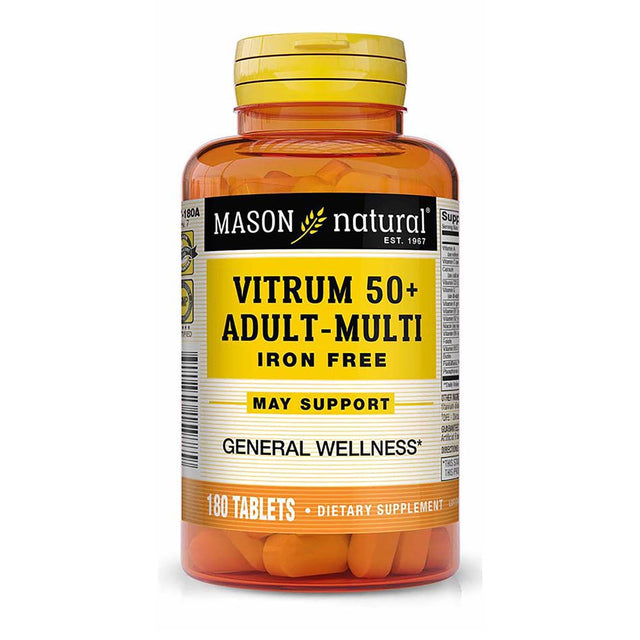 Mason Natural Vitrum 50 + Adult-Multi, Iron Free - Vitamins a C D E K B, Folate, Calcium, Iron, Zinc, Potassium, Magnesium, 180 Tablets