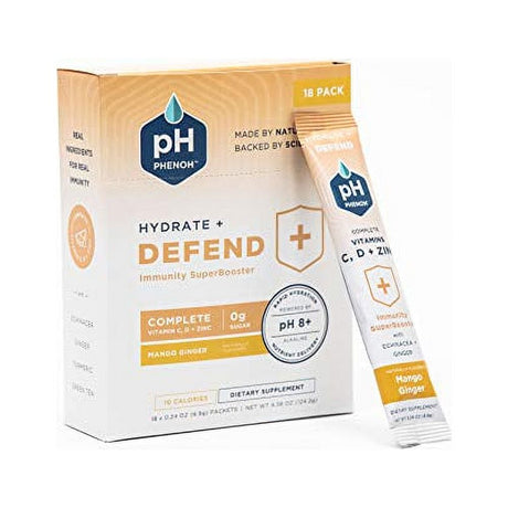 Phenoh Defend, Optimal Nutrition for Immune Support- Superfoods Echinacea + Ginger with Turmeric, Vitamins C + D , Zinc + Magnesium, Ph Balanced Supplement Drink Mix (Mango Ginger, 18 Ct)